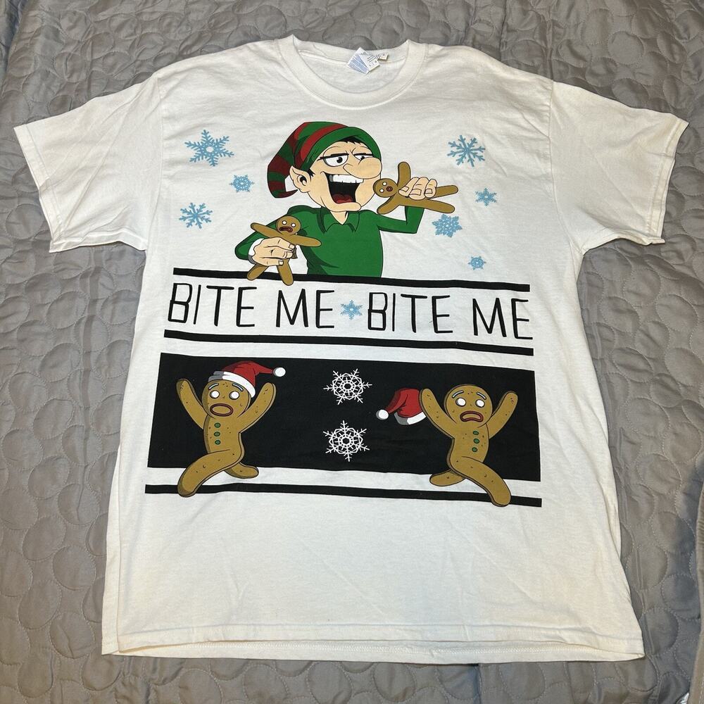 Gildan large White Christmas T-Shirt Bite Me Gingerbread Unisex Men Woman‎
